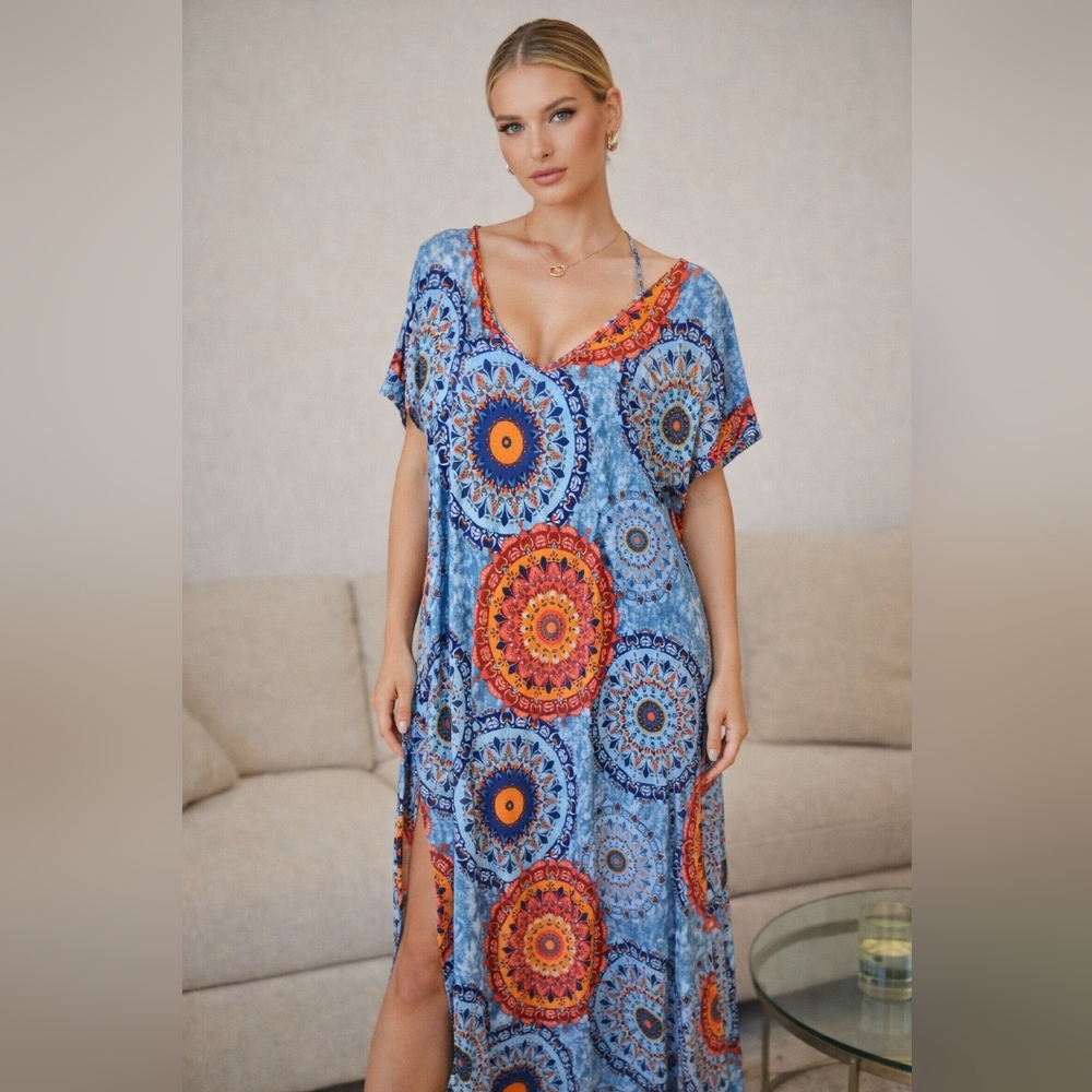 Vibrant Blue and Orange Kaftan Dress